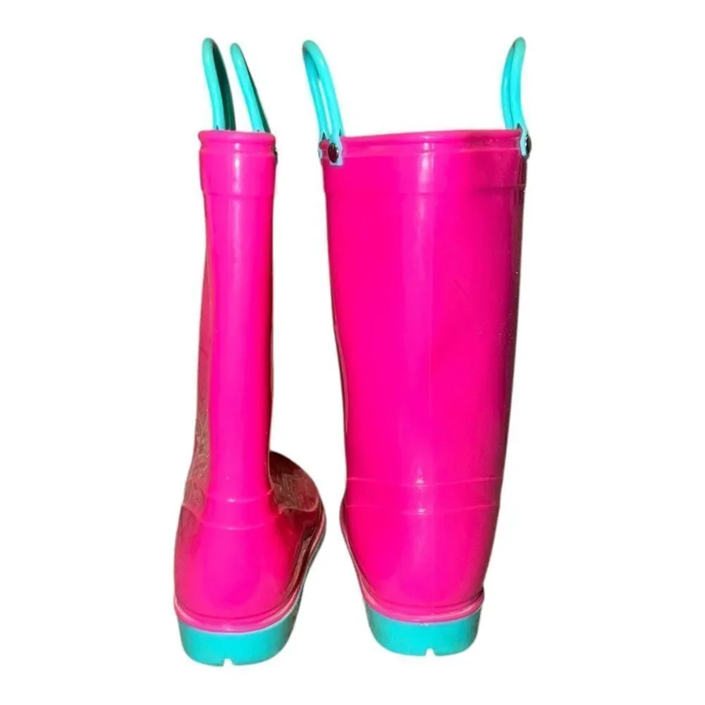 Girls Bright Pink & Blue Classic Rain Boots Pull On 1.5M EUC